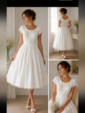 Vintage 1950s 1960s Handmade White Cotton Dress Pintuck Bodice Full Skirt XSDes